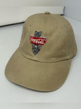 Vtg 90s Coke Coca-Cola Embroidered Hat Strapback Tan Retro “Ice Cold” Arrow Logo